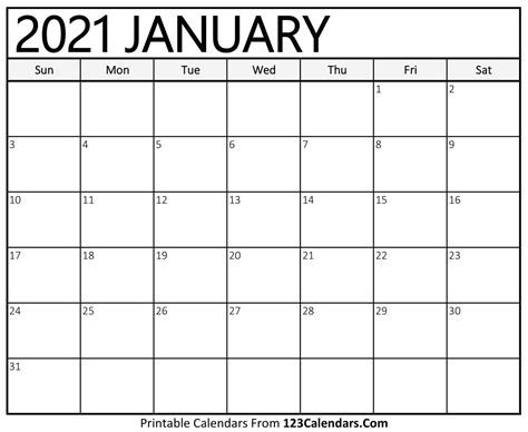 Printable Blank Monthly Calendar Template 2021 - Example Calendar Printable