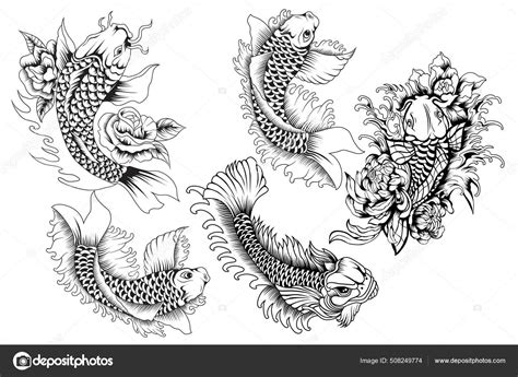 Set Japanese Koi Fish Black White Template Vintage Style Isolated Stock Vector Image by ...