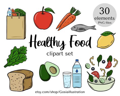 Healthy Food Clipart Set, Hand Drawn Food Clipart, Fruits and Vegetables Illustrations, Graphics ...