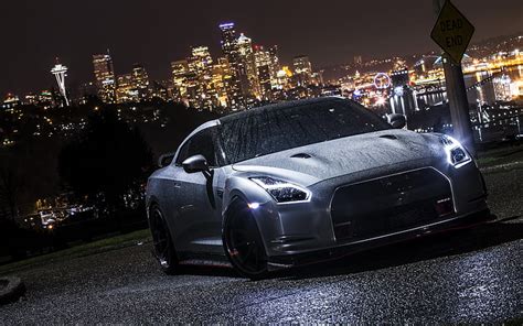 HD wallpaper: gray Nissan GTR coupe, car, night, wet, nissan gt-r ...