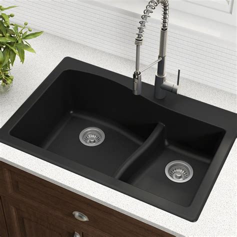 Quarza Black Granite Composite 33 in. 60/40 Double Bowl Undermount/Drop-In Kitchen Sink and ...