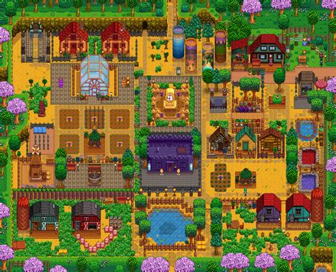 Stardew Valley Farm Design - Aerial View with Lush Plants and Flowers