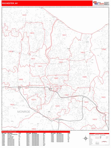 Rochester New York Zip Code Wall Map (Red Line Style) by MarketMAPS