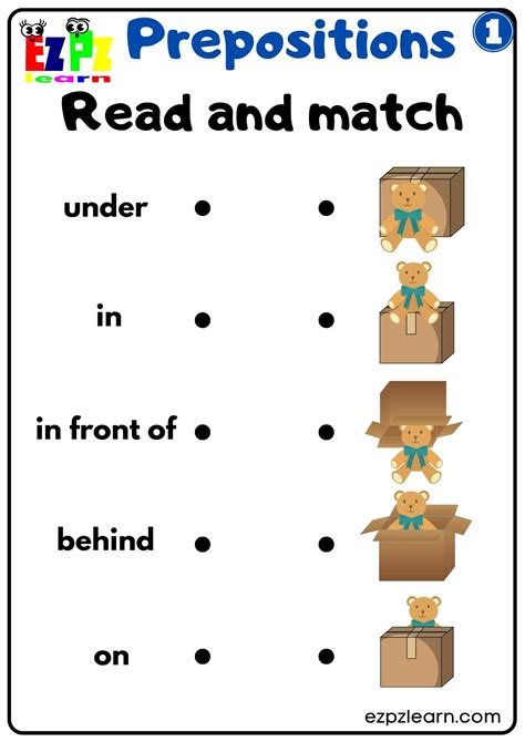 Prepositions of Place Read and Match Worksheet for Kindergarten K5 and ...