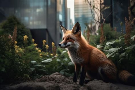 Premium AI Image | A red fox sits in a garden in front of a building.