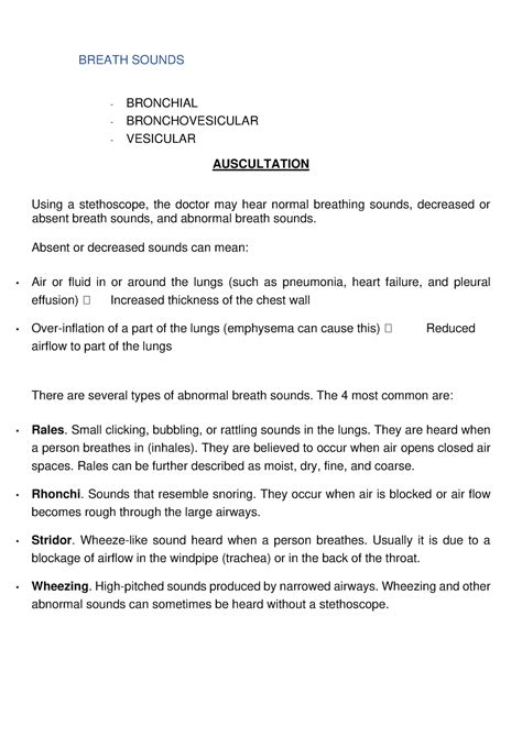 Breath- Sounds - summary - BREATH SOUNDS - BRONCHIAL - BRONCHOVESICULAR ...