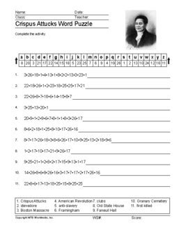 Crispus Attucks Word Search and Vocabulary Puzzle Worksheet Activities