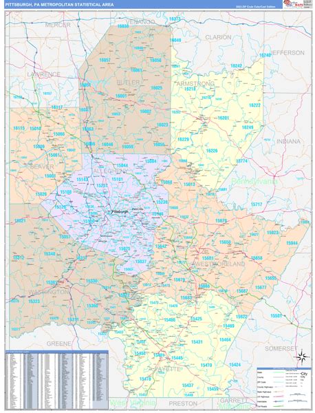 Pittsburgh, PA Metro Area Wall Map Color Cast Style by MarketMAPS - MapSales