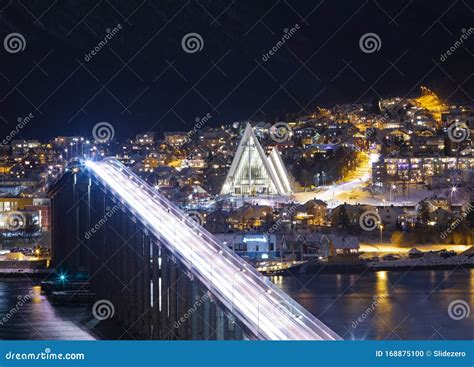 View On Tromso Bridge And Arctic Cathedral At Polar Night, Tromso ...