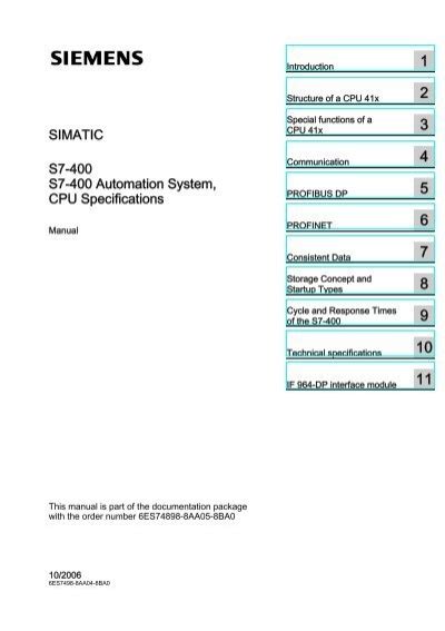 SIMATIC S7-400 S7-400 Automation System, CPU Specifications