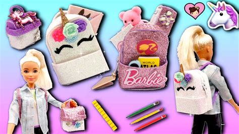 Barbie Doll Miniature School Supplies - Unicorn Backpack, Lunchbox , Pencil Case - YouTube