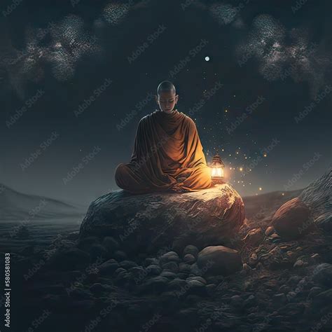 Buddhist monk in meditation at beautiful. Generative ai Stock Illustration | Adobe Stock