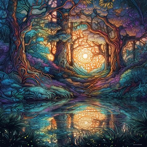 Premium AI Image | A painting of a forest with a sun shining through it.