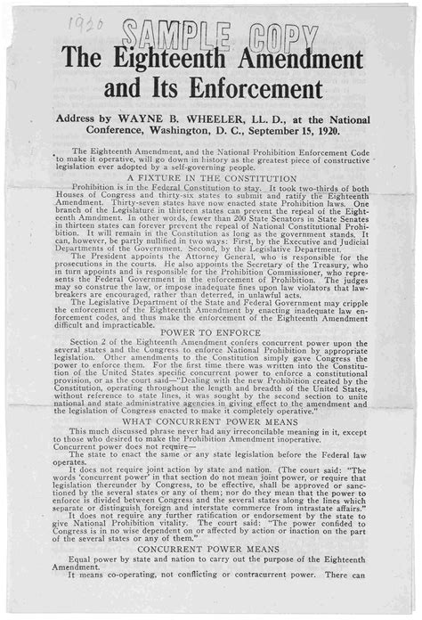 The eighteenth amendment and its enforcement. Address by Wayne B. Wheeler, LL. D. at the ...