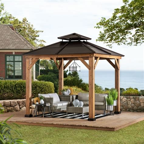 Sunjoy Missouri Collection 8 ft. x 8 ft. Cedar Framed Gazebo with Brown Steel 2-tier Hip Roof ...