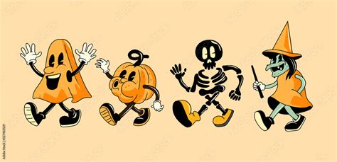 A collection of vintage style halloween characters including a ghost, pumpkin and witch. Vector ...