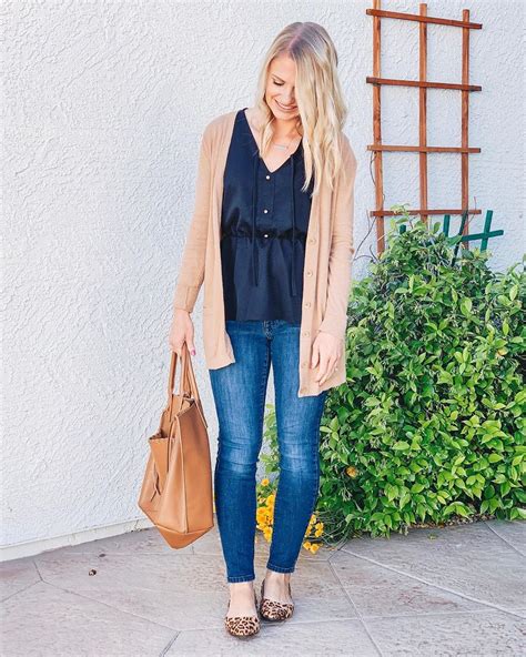 My go-to casual preschool teacher outfit. Black peplum top with a tan cardigan, jeans and ...