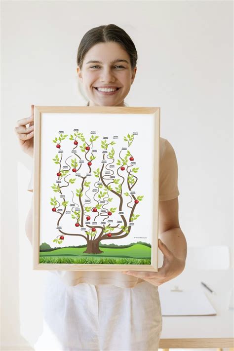 a woman holding up a framed painting with an apple tree