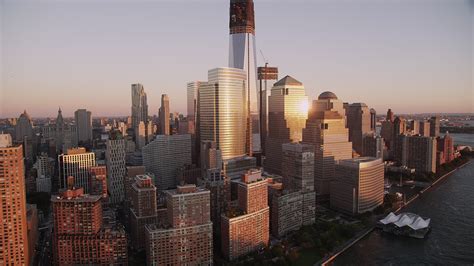 4K stock footage aerial video Flying by World Trade Center, Lower Manhattan, skyscrapers, New ...