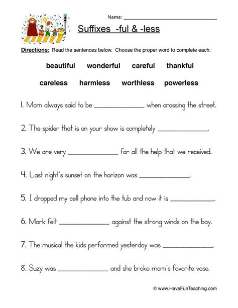 Free Printable Suffix Ful And Less Worksheets