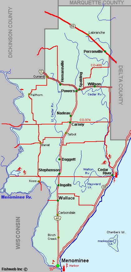 Menominee County Map Tour - lakes - snowmobile - ATV - river - hike - hotels - motels - Michigan ...