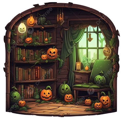 Green House, Illustration Interior Wooden Room With Halloween Symbols, Room Door, Room Window ...