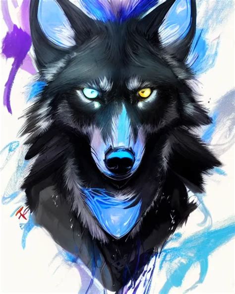 concept art of a black wolf with blue neon wings, | Stable Diffusion