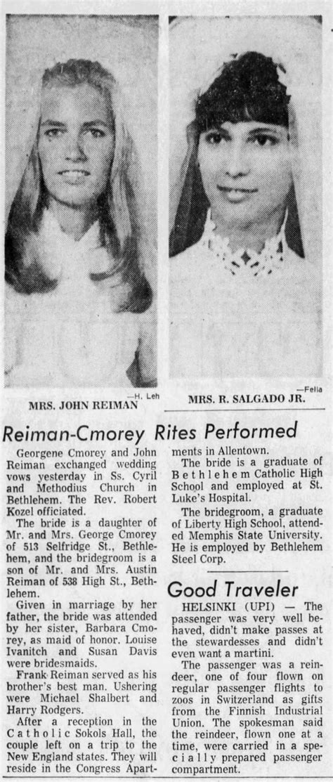 Reiman - Cmorey Wedding Announcement - August 3, 1969 - Newspapers.com™