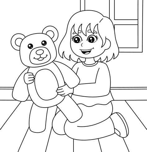 Girl Holding A Teddy Bear Coloring Page for Kids 6823406 Vector Art at Vecteezy