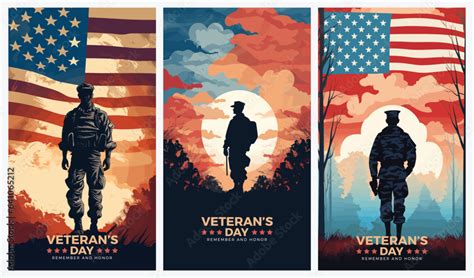 Veterans day illustrations background design with american flag and silhouette of soldier Stock ...