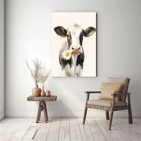 Rustic Farmhouse Barnyard Cow Painting Cow's Face Holding Daisy Country-inspired Wall Art Print ...