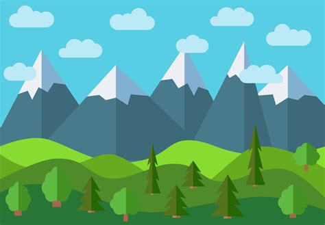 Vector panoramic mountain cartoon landscape. Natural landscape in the flat style with blue sky ...