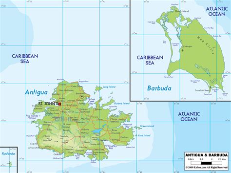 Large physical map of Antigua and Barbuda with roads, cities and airports | Antigua and Barbuda ...