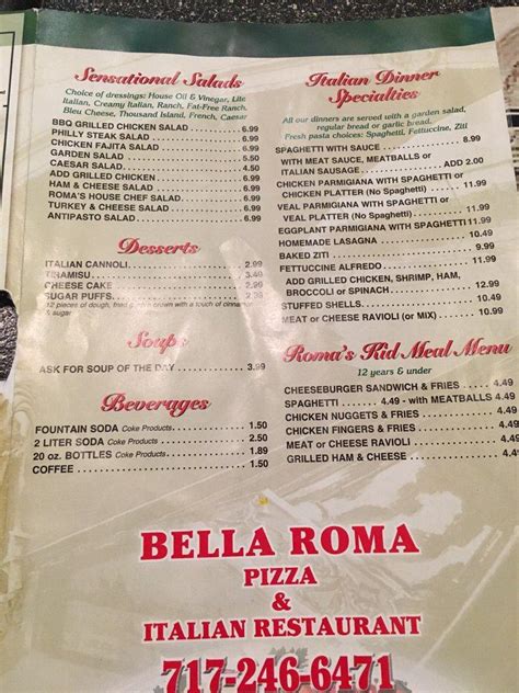 Menu at Bella Roma restaurant, Winterstown