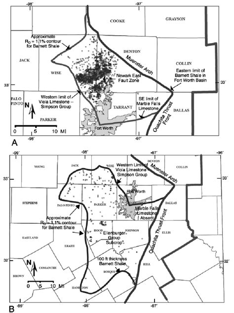 Map showing extent of core and extended areas of the Barnett gas shale ...