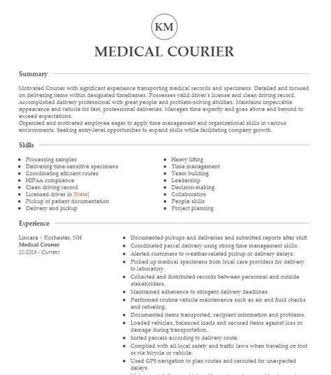 Medical Courier Resume Example