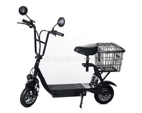 Comfortable Electric Kick Scooter with Seat and Grocery Basket Isolated ...