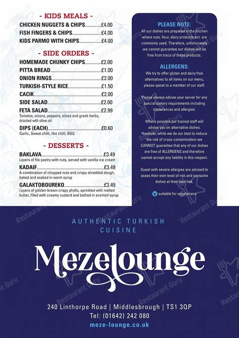 Menu at Meze Lounge restaurant, Middlesbrough