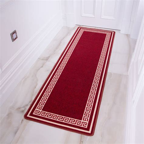 Red White Geometric Bordered Non Slip Washable Kitchen Utility Mat