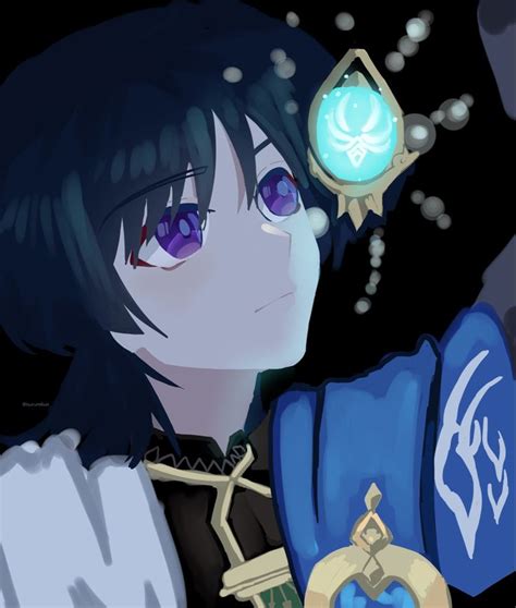 an anime character with blue eyes and black hair, holding a gold ring in her hand