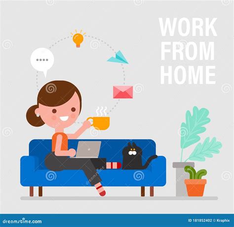 Work From Home. Happy Young Woman Sitting On Sofa And Working Remotely On Laptop Computer ...