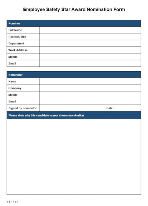 Printable Safety Award Nomination Form Employee Recognition Template ...