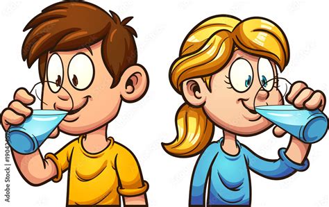 Cute cartoon boy and girl drinking water. Vector clip art illustration with simple gradients ...