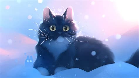 Cat, fantasy, apofiss, pink, pisici, winter, blue, iarna, snow, HD wallpaper | Peakpx