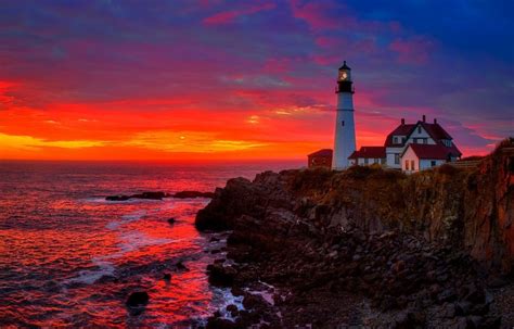 lighthouses-portland-lighthouse-cape-elizabeth-maine-tower-sunset-light-ocean-rock-sky-wave ...