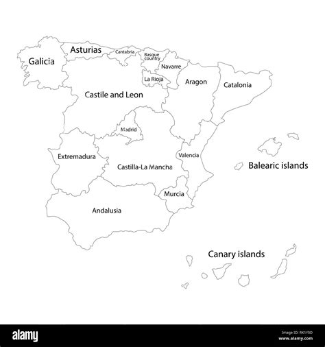 Vector Illustration Outline Line Drawing Of Spain Regions Map With ...