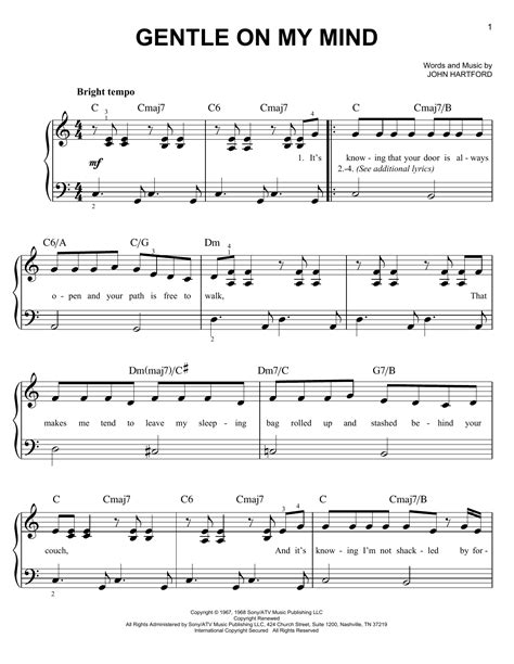 Gentle On My Mind by Glen Campbell Sheet Music for Very Easy Piano at ...