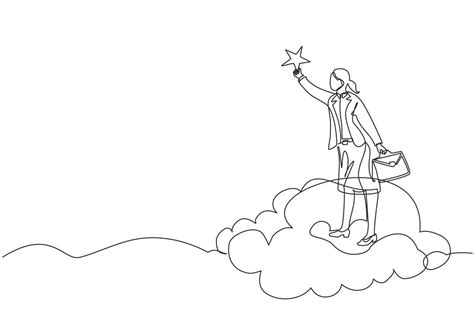 Continuous one line drawing success businesswoman reaching and grab precious star. Business ...