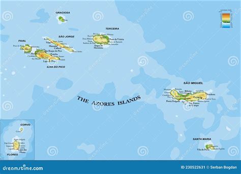 Azores Islands Hyghly Detailed Physical Map Stock Vector - Illustration ...