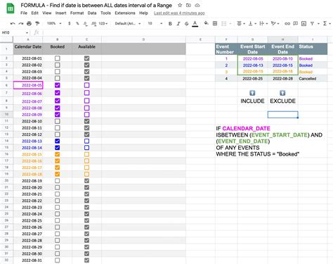 google sheets formula - Find for each calendar date if it is included ...